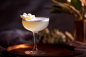 White flower garnished sour cocktail sitting on copper tray, cre, a Photo by Studio ANNA