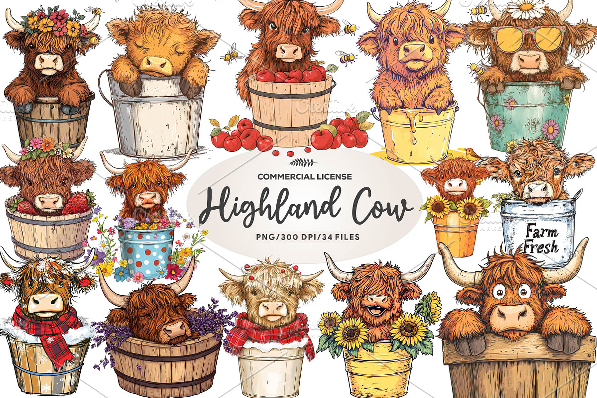 Cute Highland Cow in a Bucket Clipar, an Illustration by CreationArt (Photo 1 of 7)