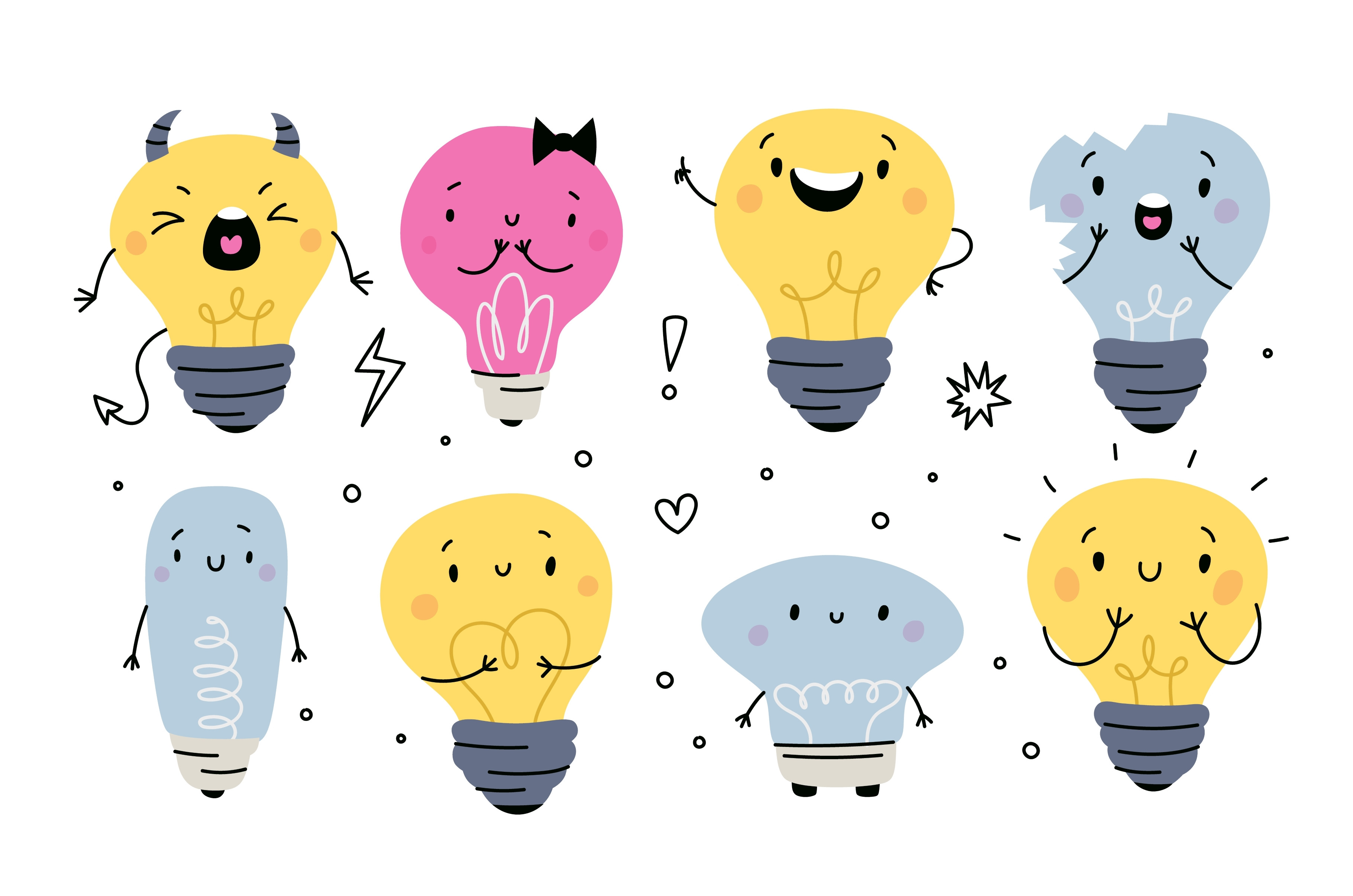 Cute light bulbs. Cartoon characters, an Illustration by Vectorbuum