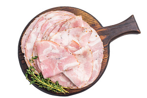 Premium Italian Pancetta Arrotolata slices served on a rustic wo, a Food & Drink Photo by composter-box@mail.ru