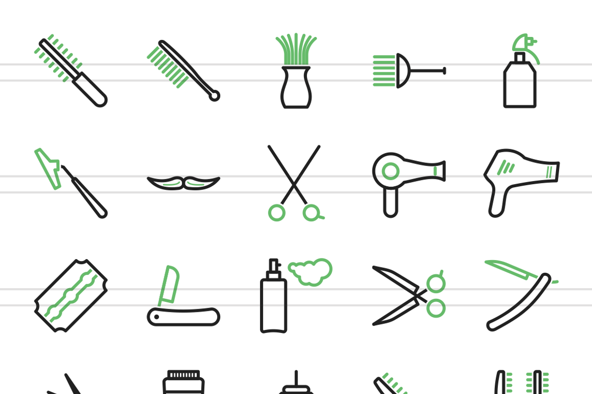 50 Barber’s Tools Green&Black Icons, an Outline Icon by IconBunny