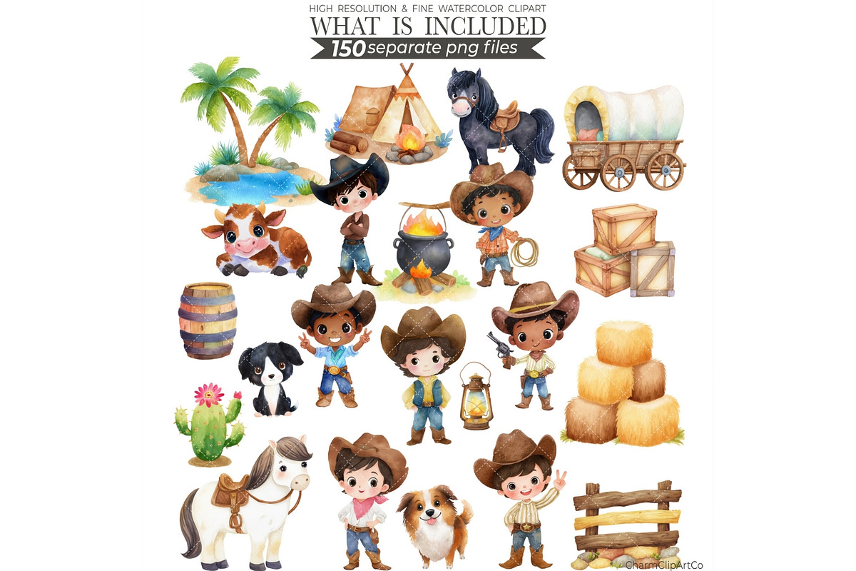 Watercolor Cowboy Clipart Bundle, an Illustration by CharmClipart (Photo 3 of 10)