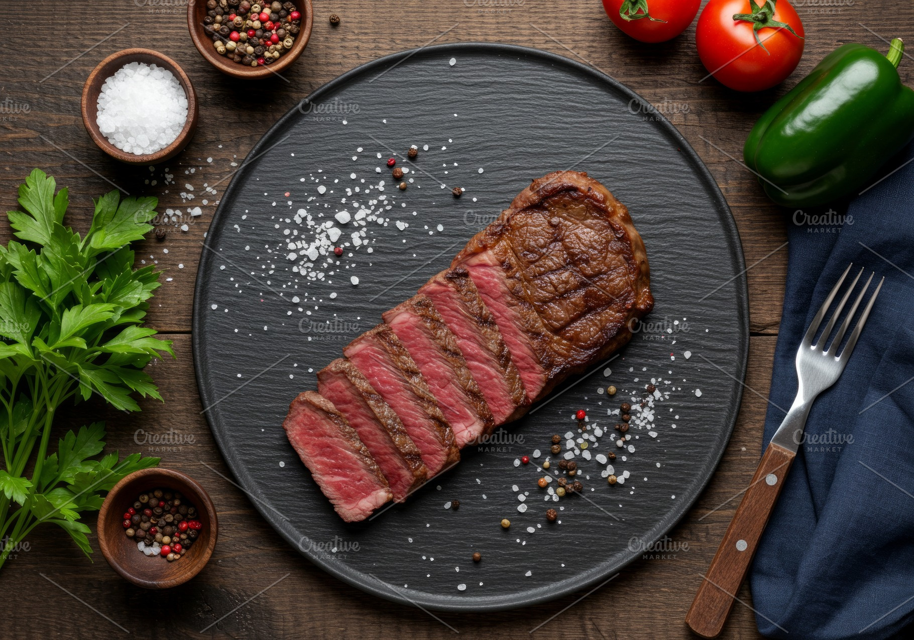 Medium-rare grilled steak sliced and, a Food & Drink Photo by professorinc