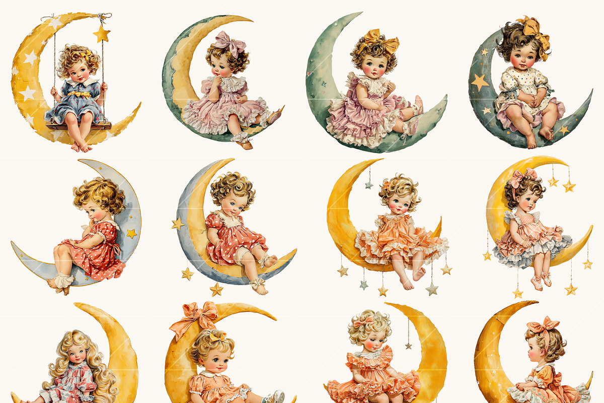 Vintage Girls on the Moon Clipart, a Person Illustration by BusyDaydesign (Photo 2 of 9)