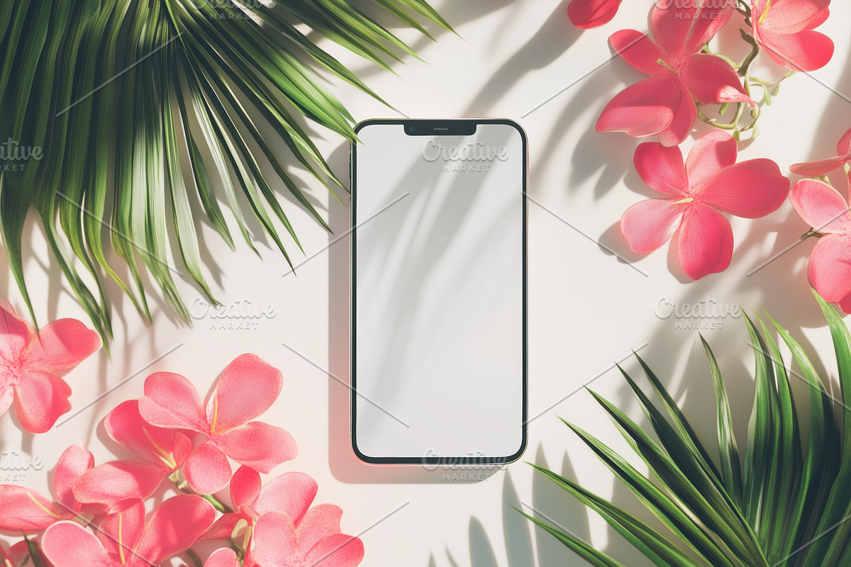 A smartphone iPhone mockup with a blank screen placed on a light surface surrou, an iPhone Mockup by Textures & Backgrounds