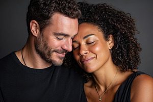 Couple enjoying a tender moment in a cozy indoor setting with soft lighting, a Photo by AlyaAnd