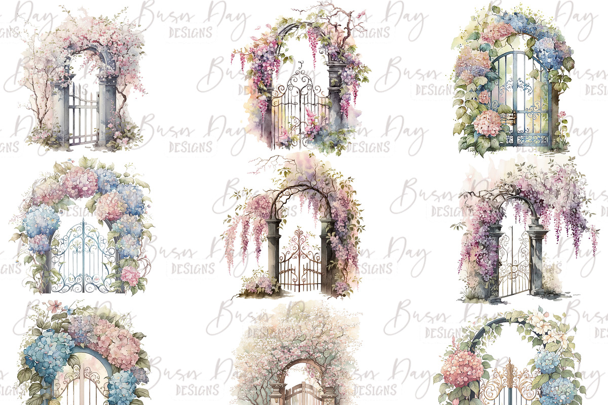 Watercolor Garden Gates Clipart, an Object Illustration by BusyDaydesign (Photo 2 of 8)