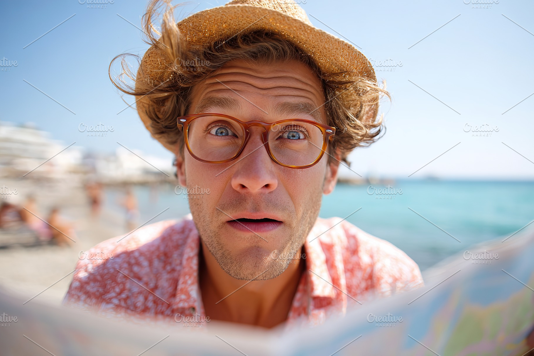 Surprised traveler with open map on sunny beach near ocean, a Person Photo by AlyaAnd
