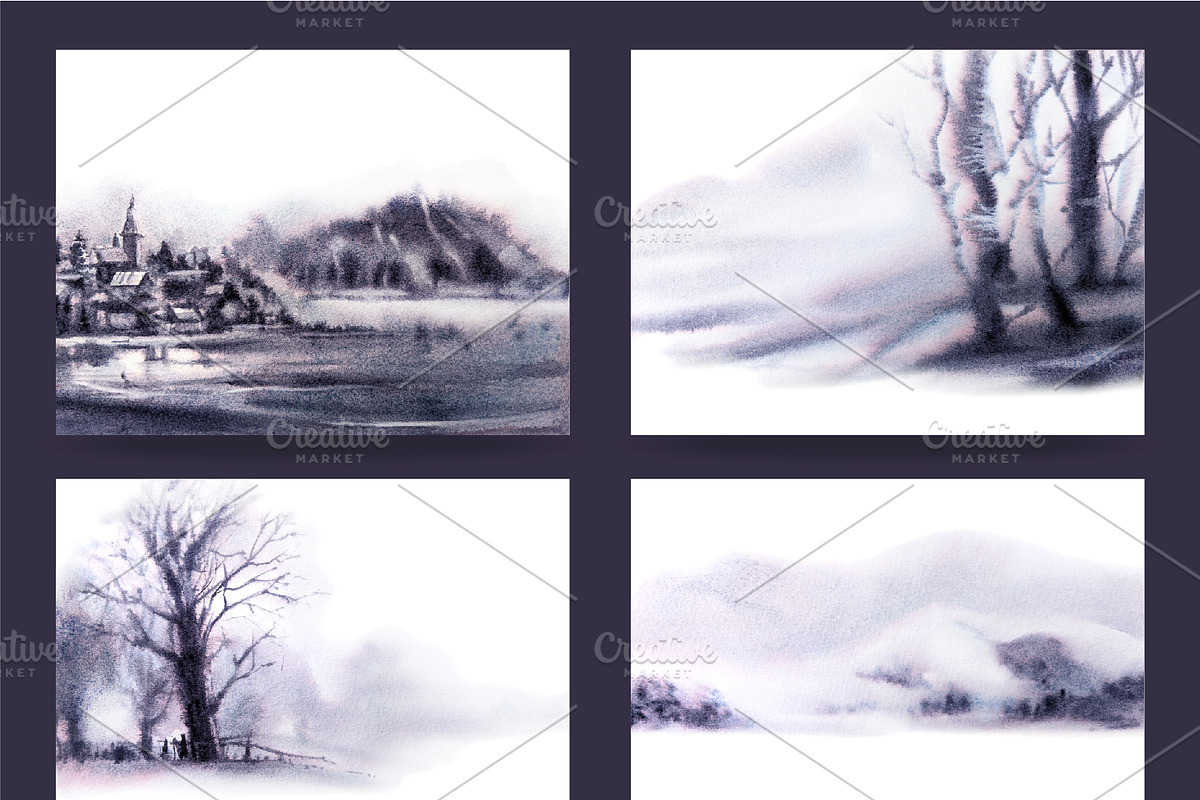 Watercolor Winter Landscapes Set, a Texture Illustration by Nuburu (Photo 7 of 14)