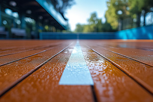 Close-up view of a damp wooden sports court with a white line, reflecting a ser, a Business Photo by ImageMir