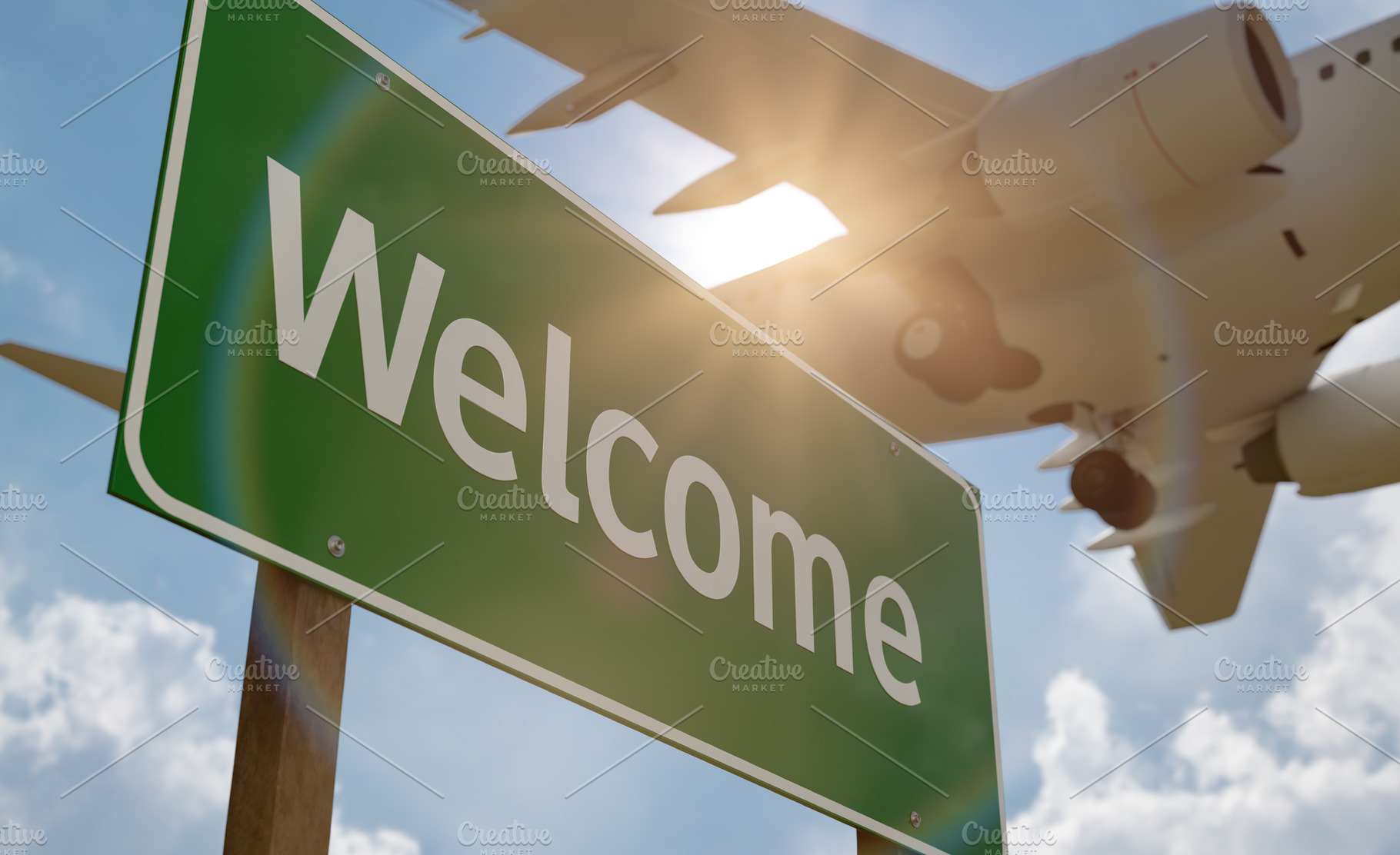 Welcome Green Road Sign and Airplane, a Transportation Photo by Andy Dean Photography