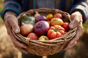 Hands holding a basket of colorful vegetables harvested from a garden in late s, a Food & Drink Photo by AlyaAnd
