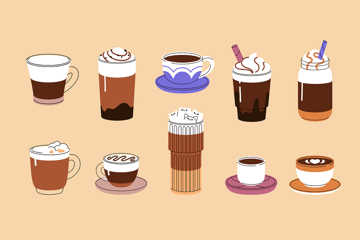Coffee cups set + banner + patterns, a Food Illustration by PaperTrident (Photo 1 of 5)