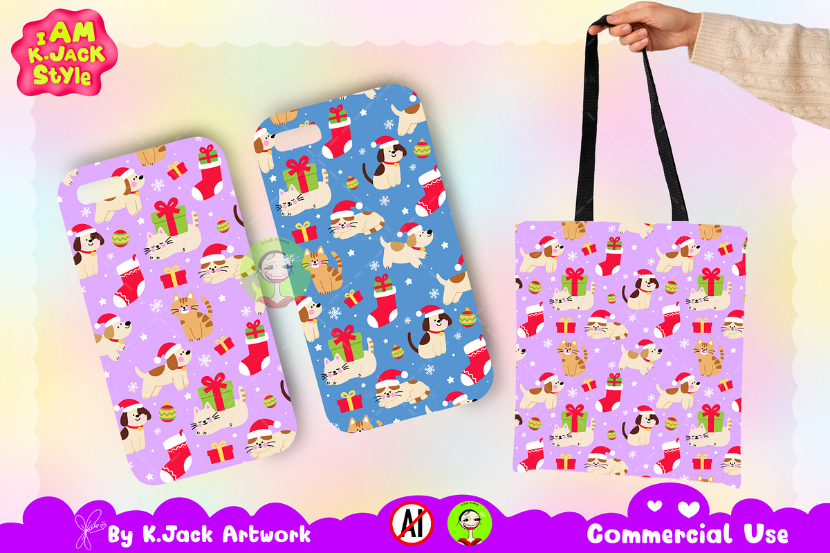 Cute Christmas Pets Seamless Pattern, a Background Graphic by K.JackArtwork (Photo 4 of 8)