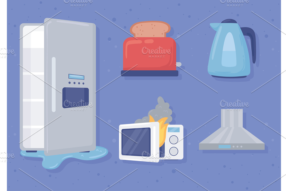 damaged appliances set, an Object Illustration by studiogstock