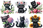Watercolor Floral Black Cat Clipart, an Illustration by Designworld (Thumbnail 3 of 5)