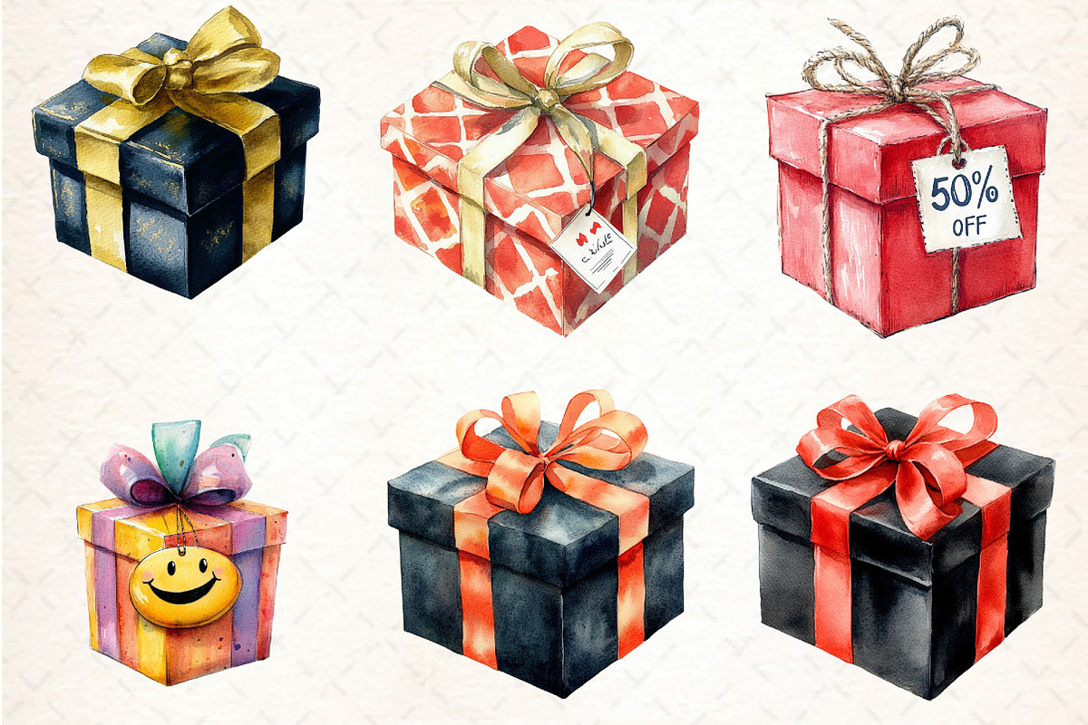 Watercolor Gift Box Graphic Black Fr, an Illustration by DreamCafeArt (Photo 3 of 5)