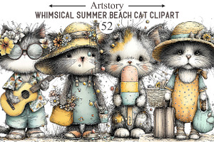 Whimsical Summer Beach Cat Clipart, an Illustration by designcity5