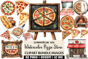 Watercolor Pizza Store Clipart, an Illustration by Craft Nest