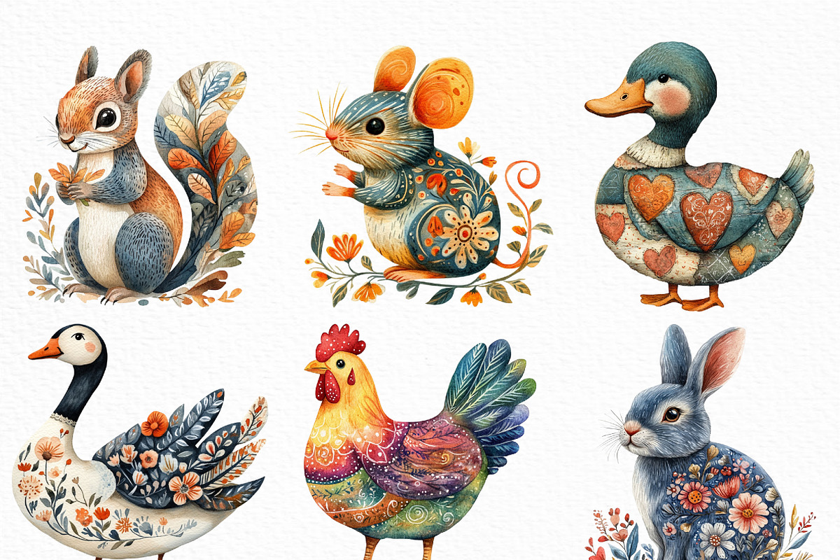 Watercolor Folk Art Animals Clipart, an Illustration by Craft Nest (Photo 5 of 6)