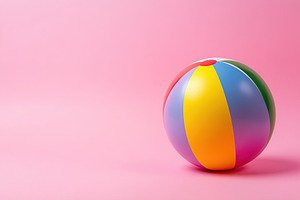 Bright beach ball resting on pastel pink background perfect for summer fun and, an Arts & Entertainment Photo by AlyaAnd