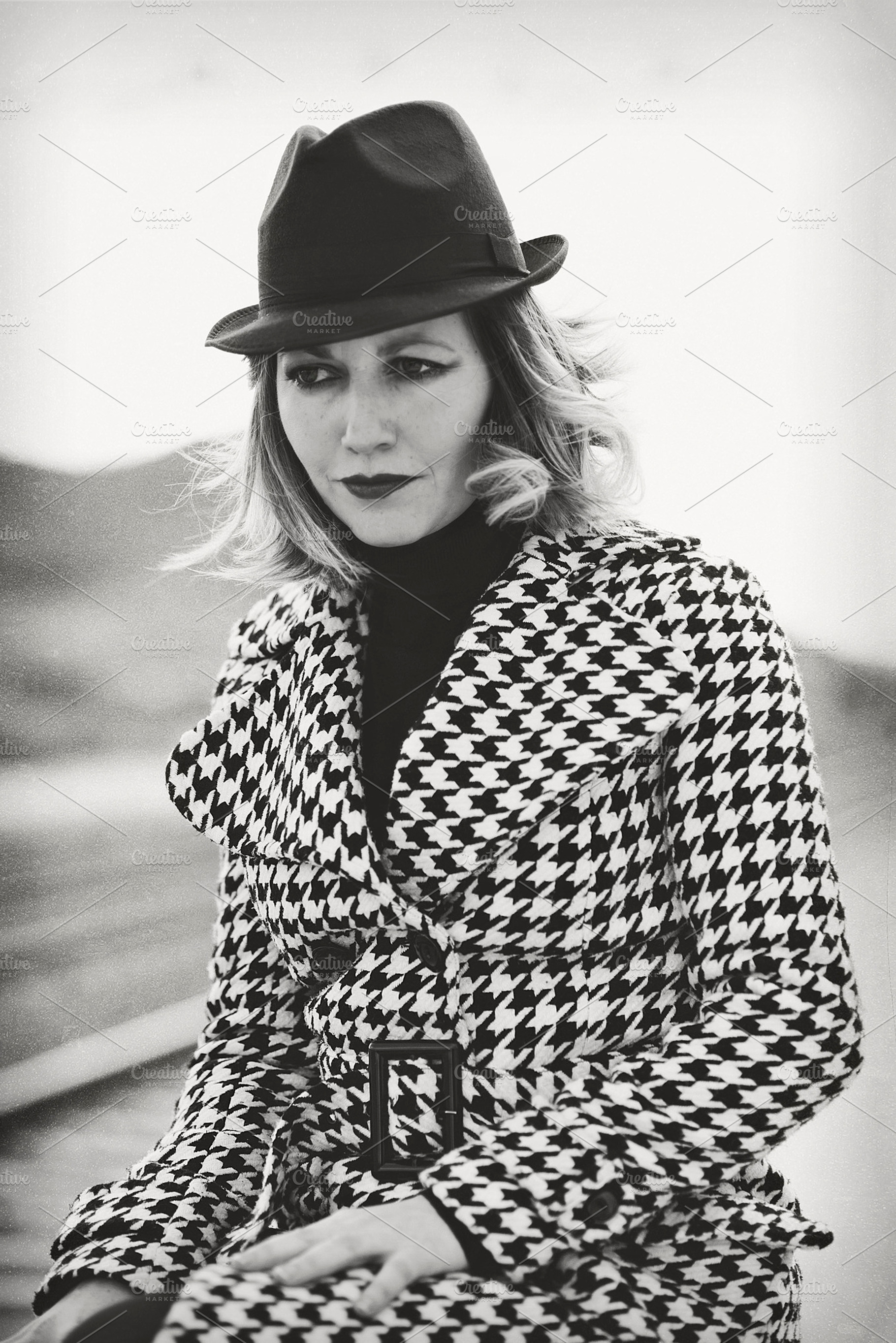 Model beauty portrait containing hat, coat, and diamond coat, a Person Photo by Polako´s World