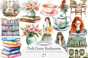 Watercolor Pink Green Bookworm clipa, an Illustration by Design Market