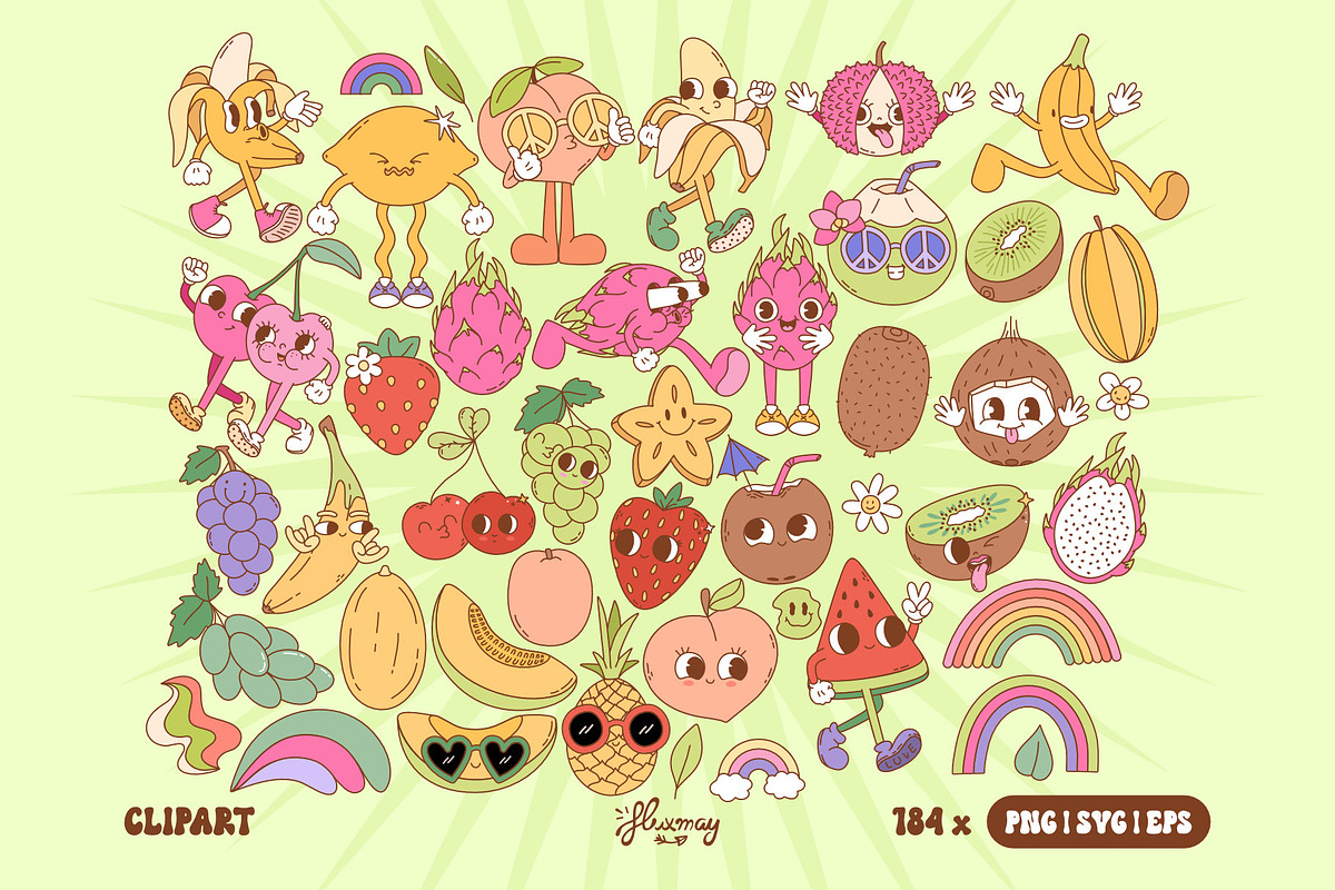 Groovy Retro Fruit Characters bundle, a Food Illustration by Huxmay (Photo 3 of 7)