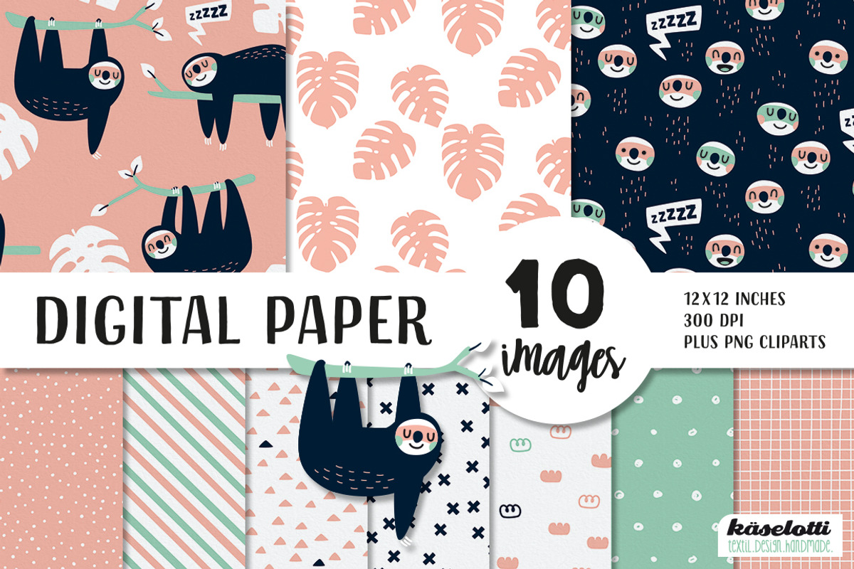Sloth pink Digital Paper and Clipart, a Pattern Graphic by kaeselotti (Photo 1 of 5)