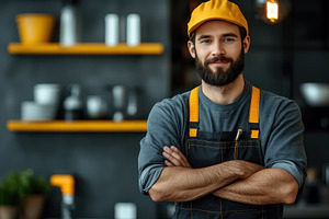 Barista stands confidently in modern, a Photo by Tanuart