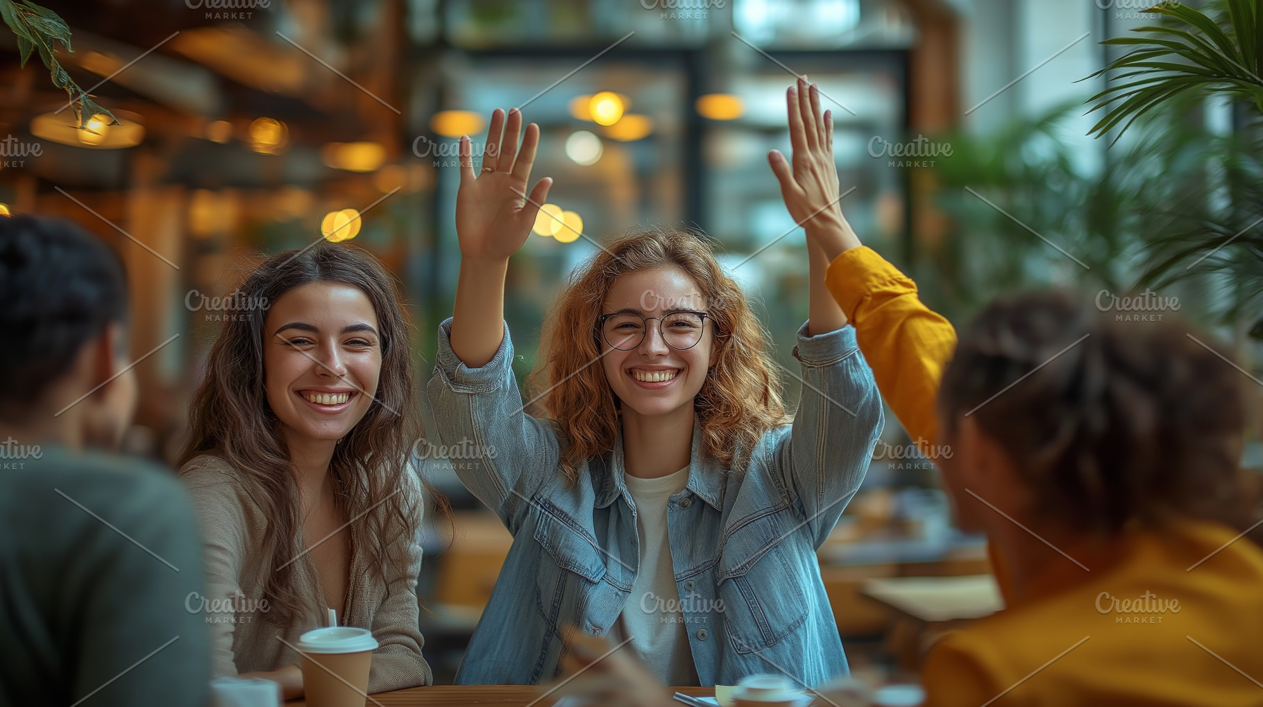 Two young women, one with curly hair and glasses, joyfully interacting in a war, a Person Photo by ImageMir