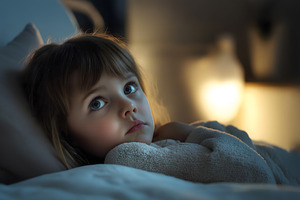 Sad little baby girl is lying in bed at home or hospital, a Person Photo by Lenor4ik