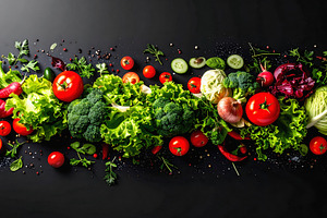 Fresh flying vegetables with tomatoes lettuce broccoli and cabba, a Food & Drink Photo by GoodGoods