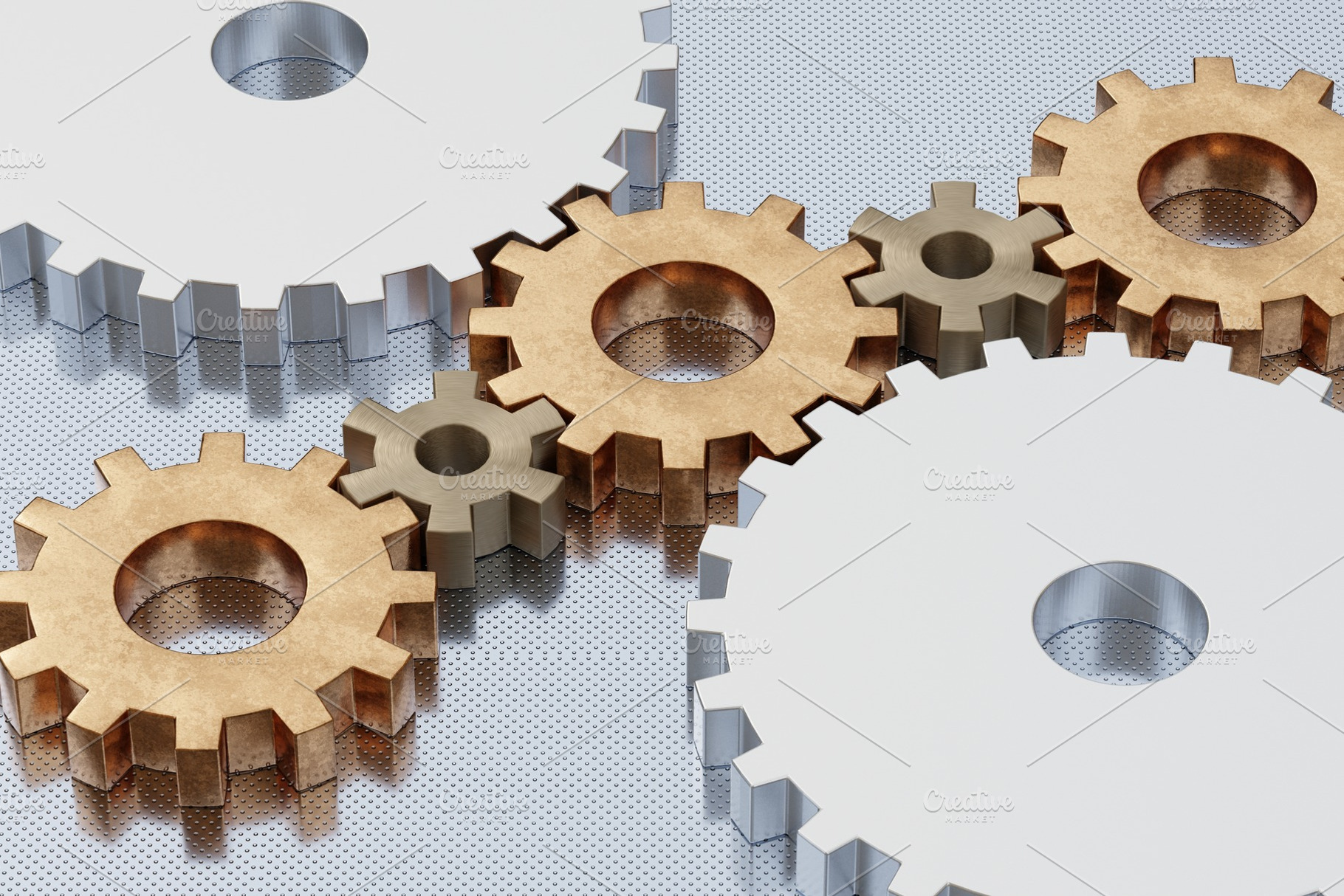 Interlocking metal gears on reflective industrial surface, an Industrial Photo by RF Images