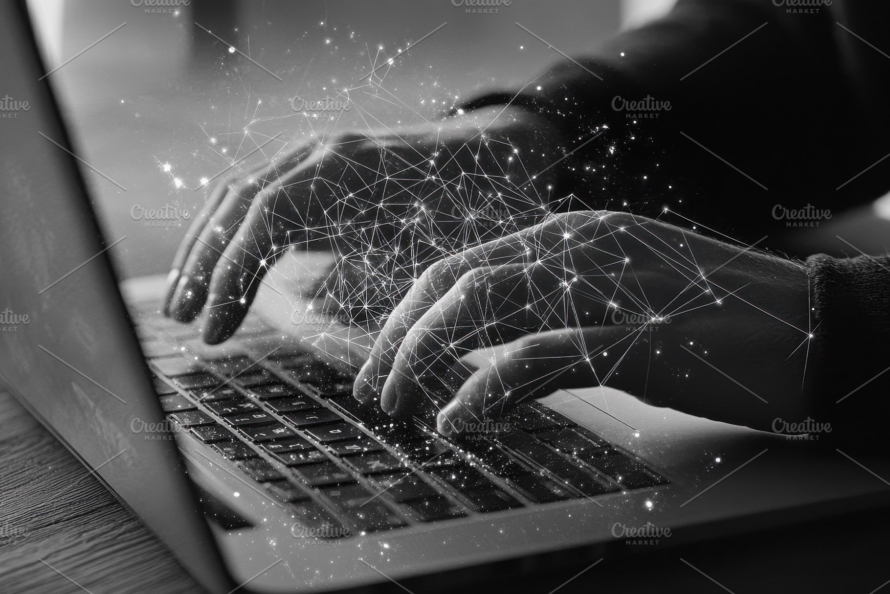 Hands typing on a laptop with digita, a Photo by Tanuart