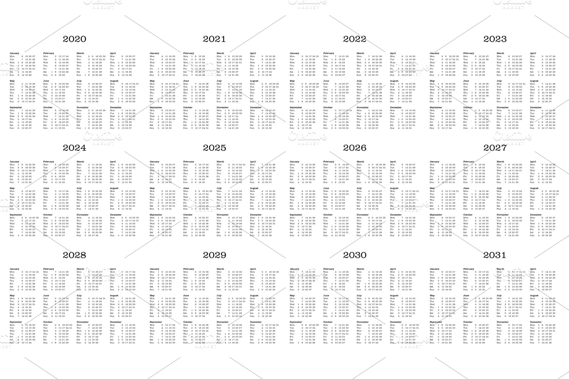 Twelve years calendar, 2020 to 2031, a Photo by WorldOfPhotos