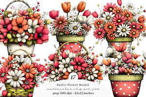 Watercolor easter flower basket clip, an Illustration by SinaCreation