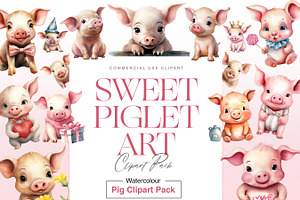 Watercolor Pig Clipart, Baby Piglet