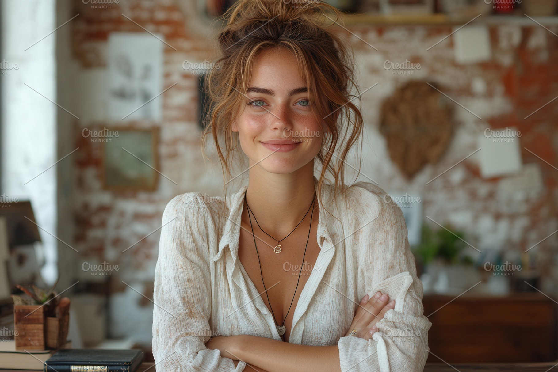 Young woman with a warm smile stands, a Photo by Tanuart