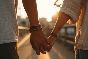 Couple holding hands sunset romance, a Photo by Pixeness Studio