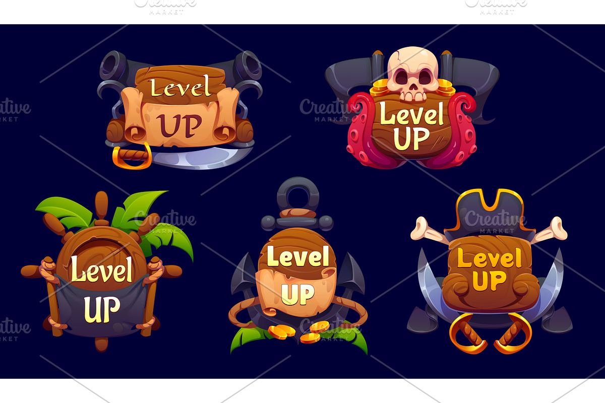 Pirate level up rank icons, piracy, an Object Illustration by Vector Tradition