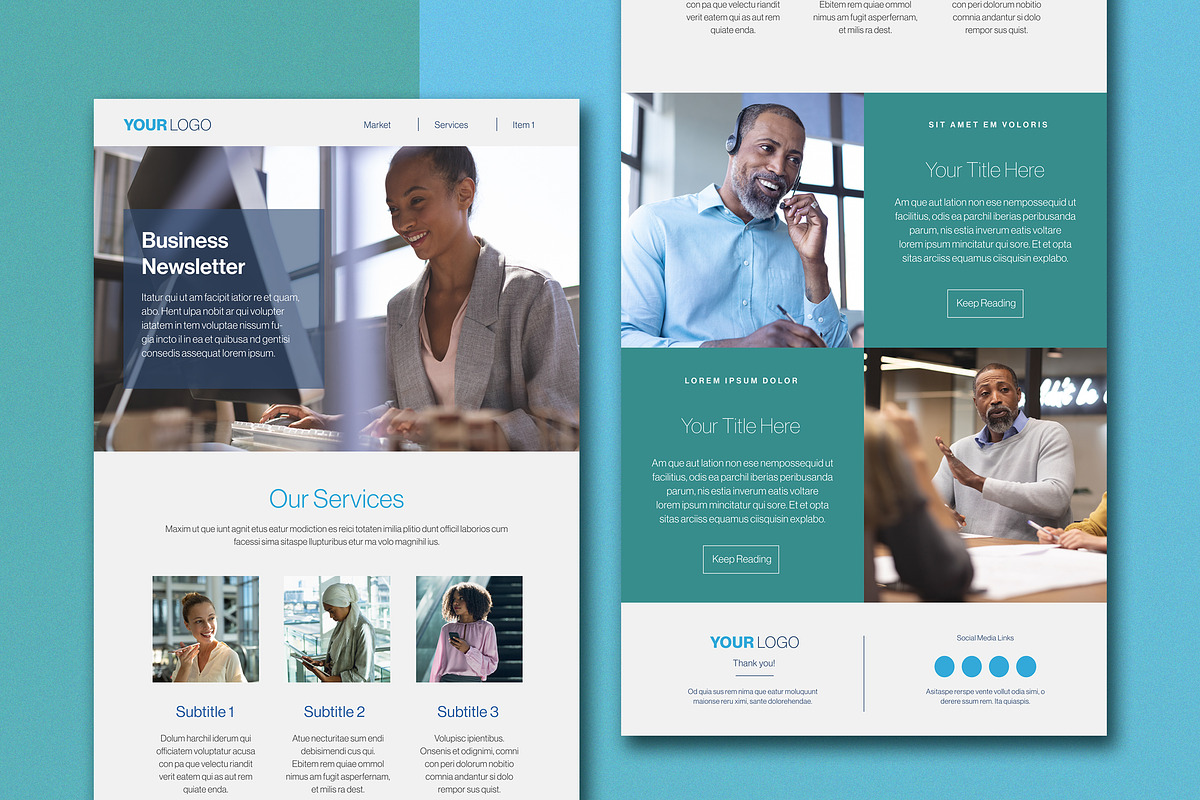 Business Newsletter Teal and Blue, a Design Template by wavebreak