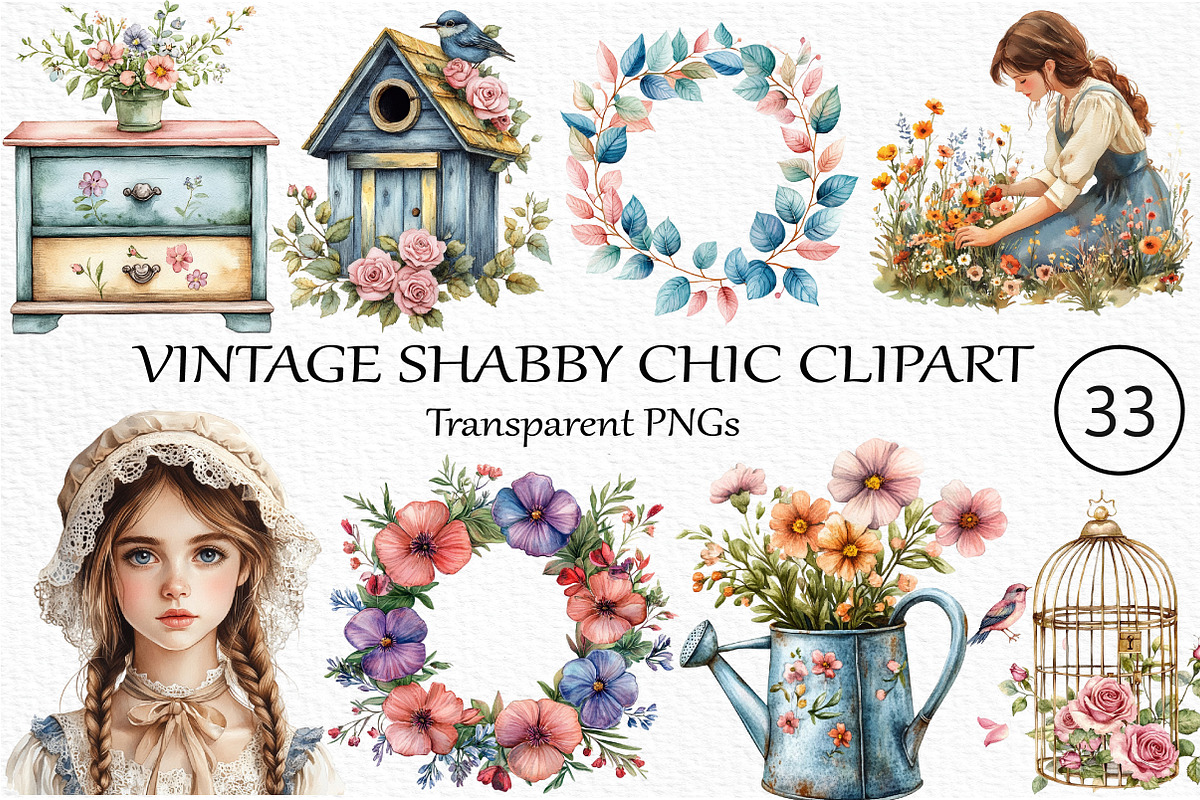 Vintage Shabby Chic Clipart Bundle, an Illustration by Craft Nest (Photo 1 of 6)