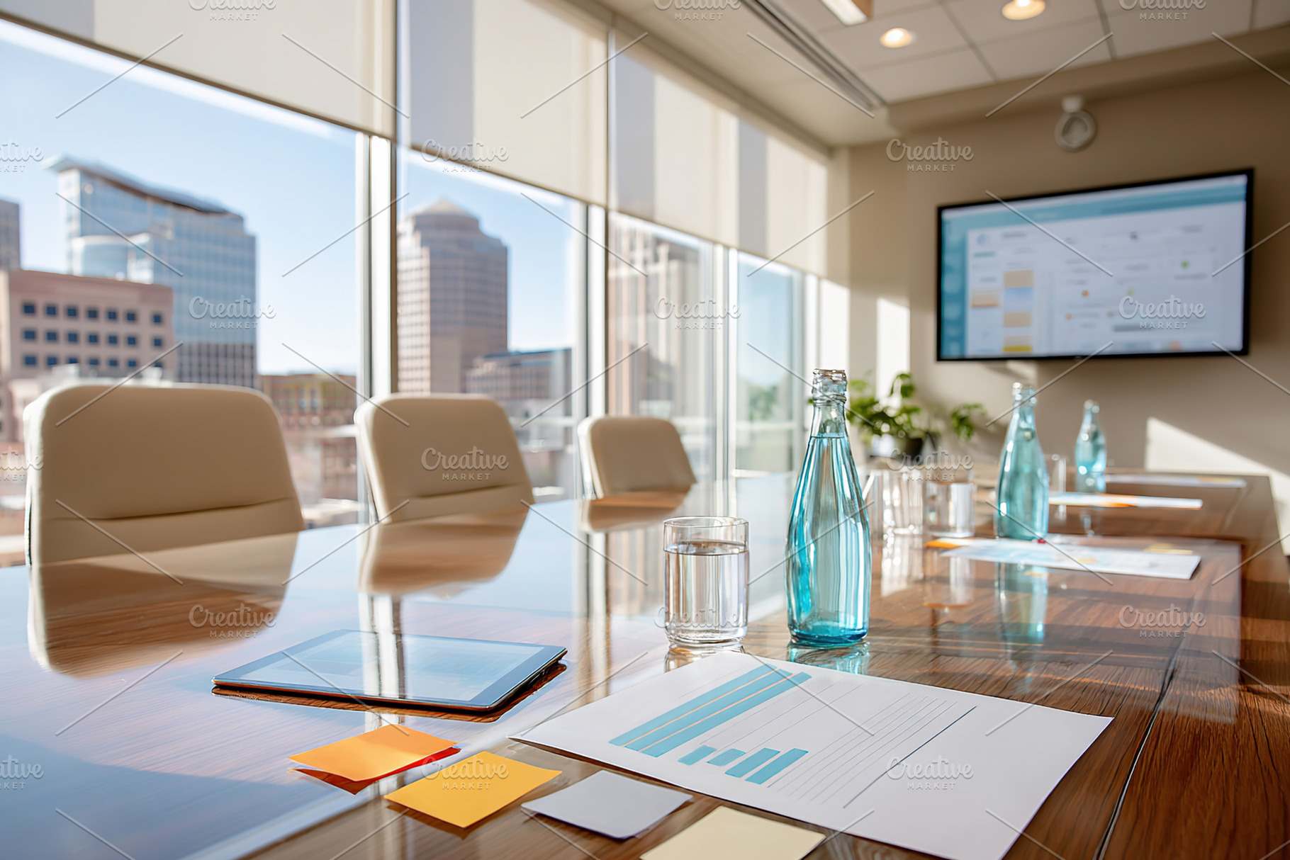 Sleek glass-top conference table with modern office view during daylight in a c, a Photo by AlyaAnd