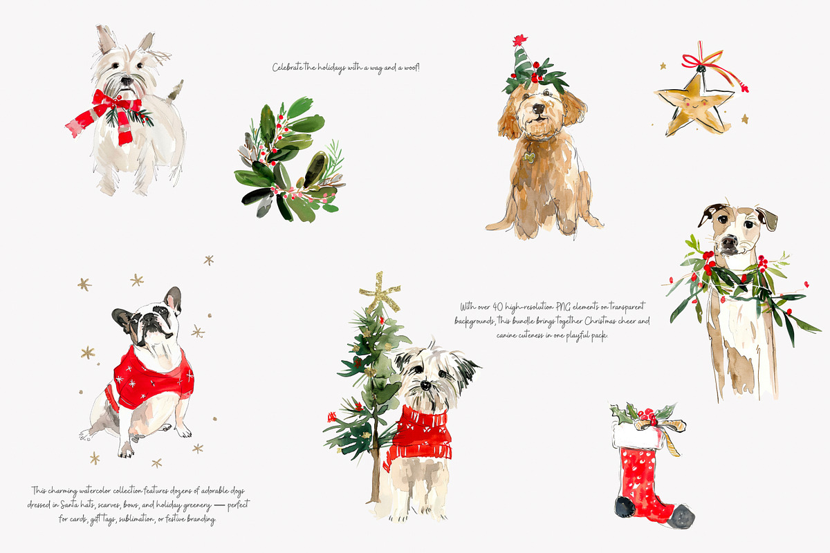 watercolor clipart Christmas dog set, a Decorative Illustration by Patishop Art (Photo 3 of 6)