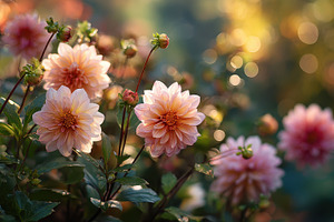 Peach Dahlias in Soft Sunlight Garde, a Photo by Pixeness Studio