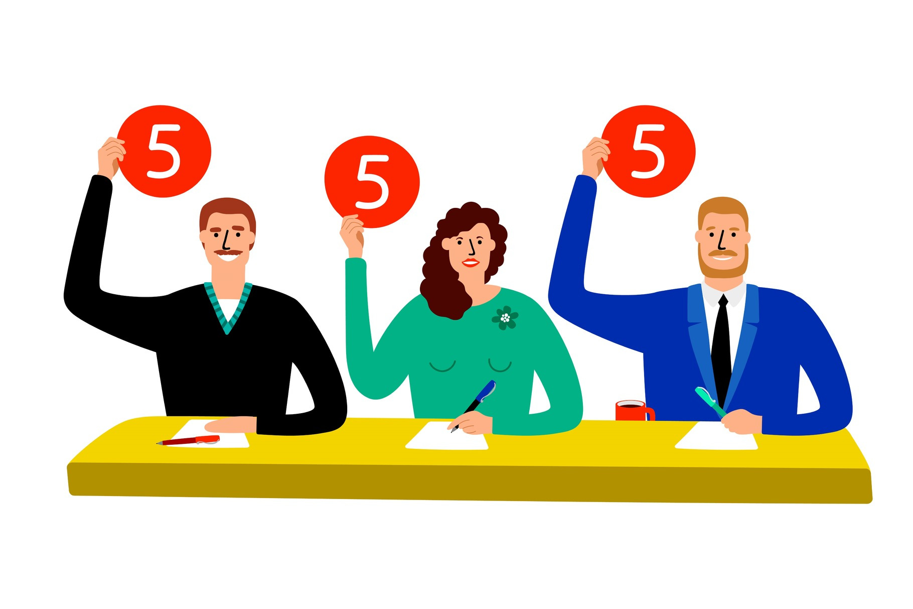 Quiz jury. Competition judge group sitting at table, estimate and show ...