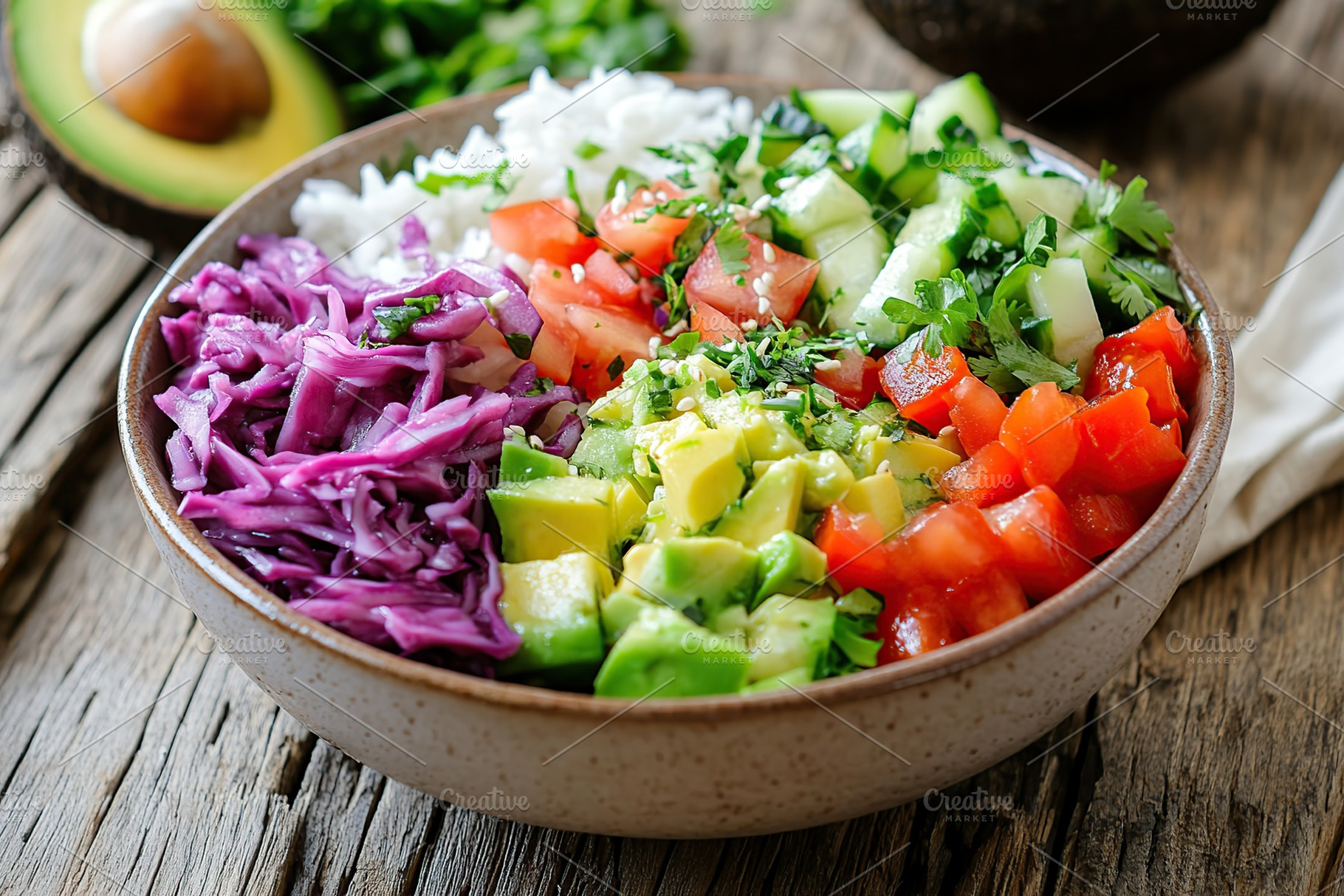 Healthy poke bowl with rice and vegetables, a Food & Drink Photo by AlyaAnd