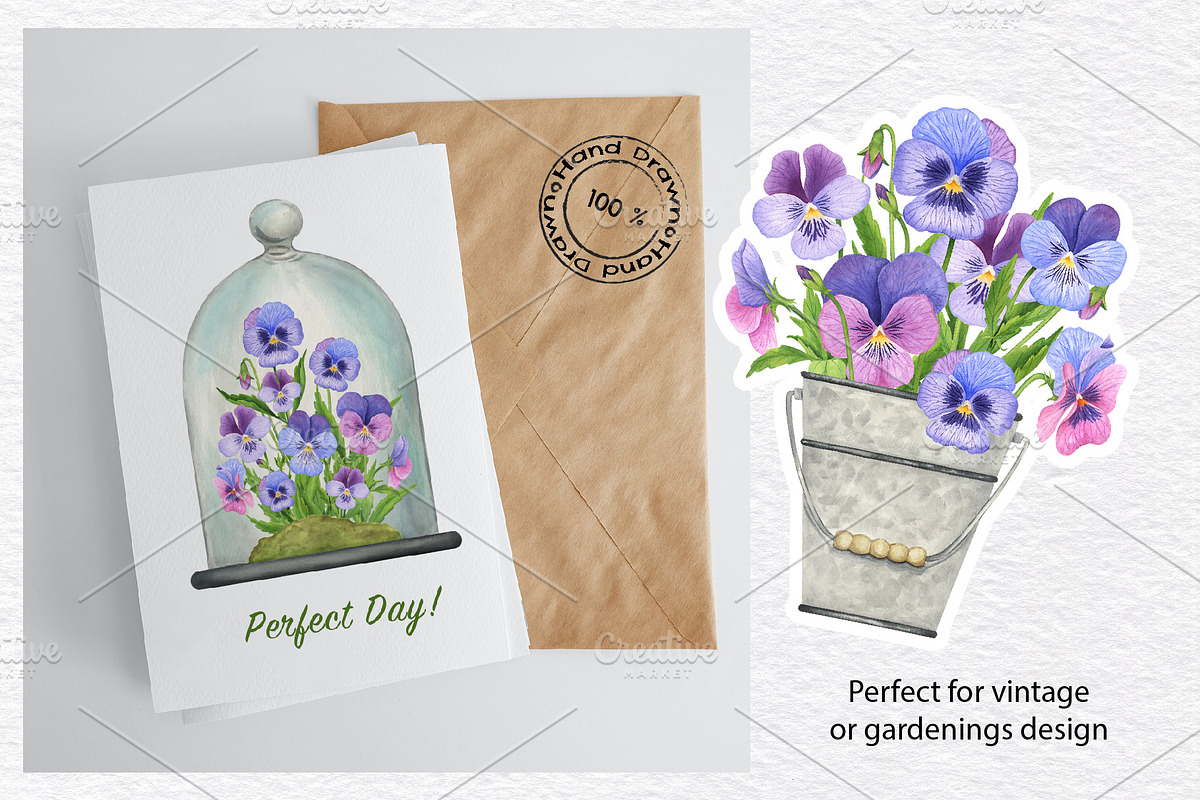Pansy Watercolor Hand drawn set, a Decorative Illustration by KathrineWatercolor (Photo 7 of 9)