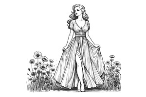 woman in long dress flowers vector, a Person Illustration by AlexArt